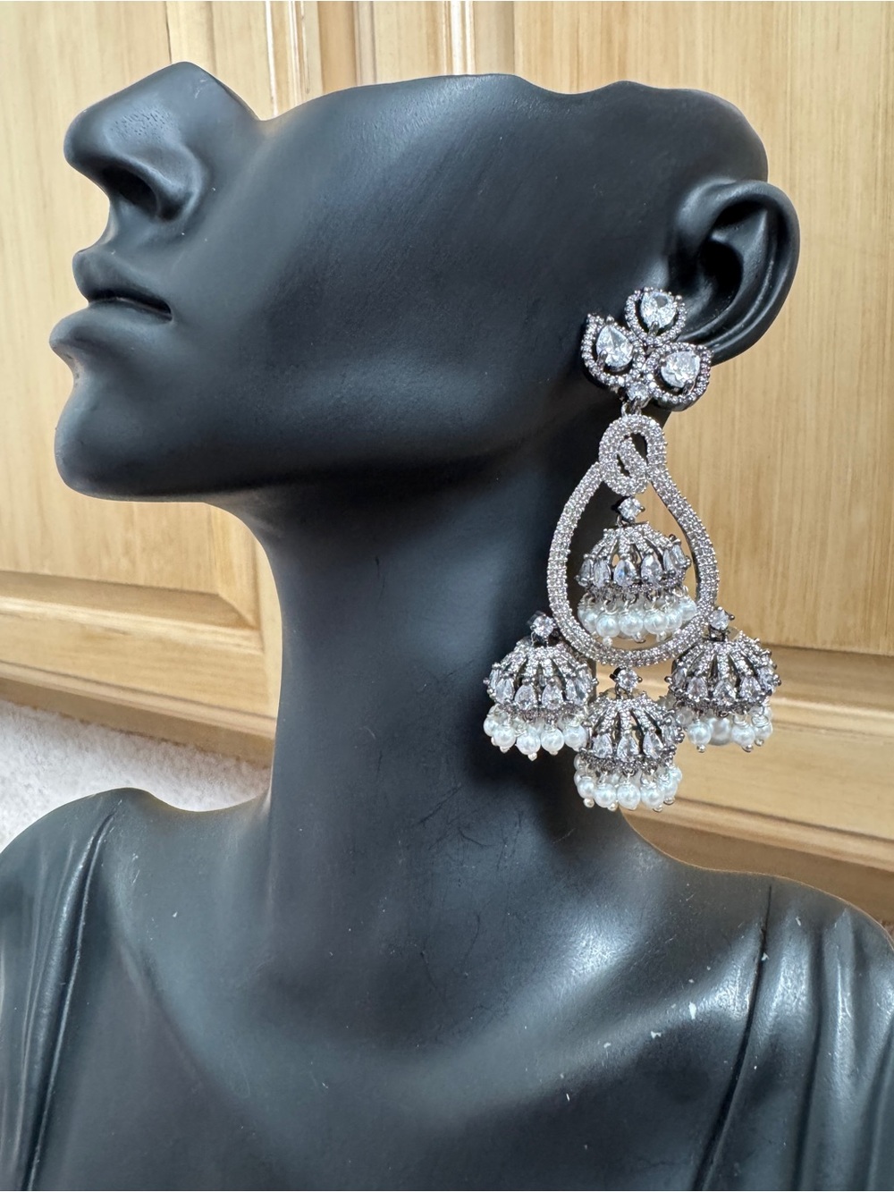 Elegant Silver Crystal Chandbali Drop Earrings with Pearls